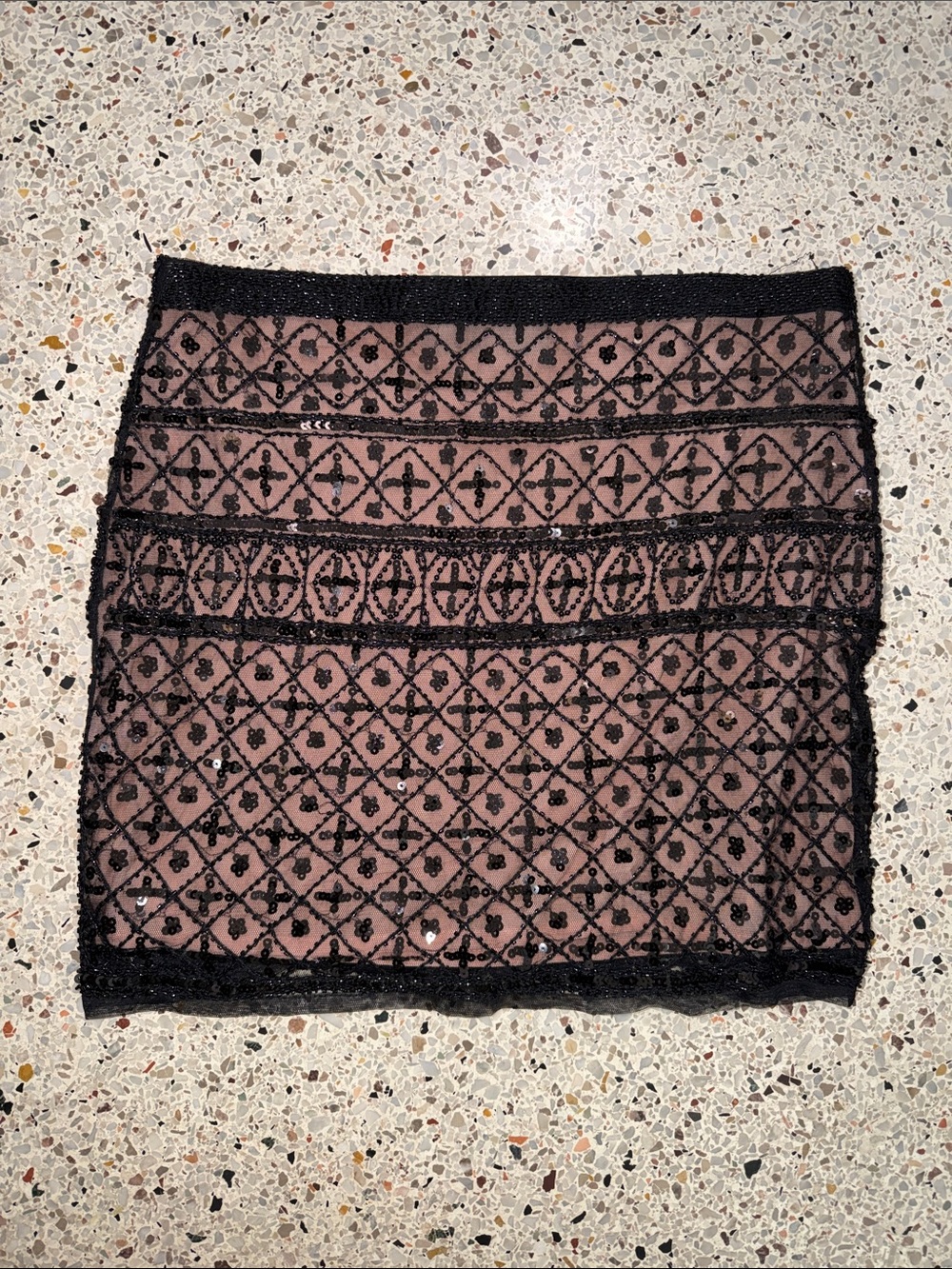 Endless Rose black sequin beaded mini skirt pink lining large L